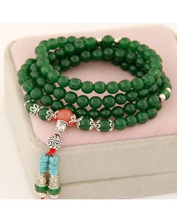 Multiple Layer Glass Beads with Silver Lucky Engravings Bracelet - Green