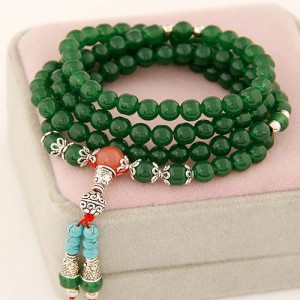 Multiple Layer Glass Beads with Silver Lucky Engravings Bracelet - Green