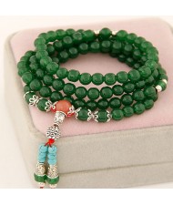 Multiple Layer Glass Beads with Silver Lucky Engravings Bracelet - Green
