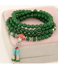 Multiple Layer Glass Beads with Silver Lucky Engravings Bracelet - Green