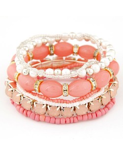 Bohemian Fashion Five-layer Assorted Beads Stretchable Bracelet - Pink