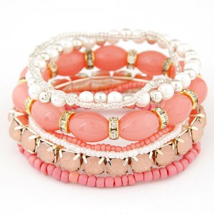 Bohemian Fashion Five-layer Assorted Beads Stretchable Bracelet - Pink