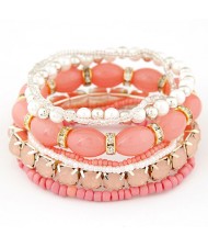 Bohemian Fashion Five-layer Assorted Beads Stretchable Bracelet - Pink