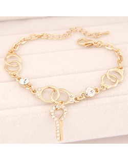 Korean Fashion Rhinestone Decorated Handcuffs with Key Pendant Bracelet - Golden