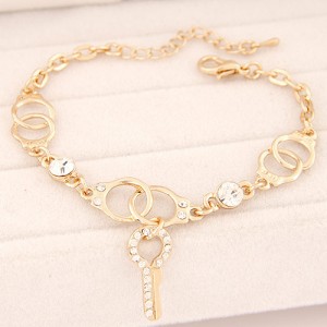 Korean Fashion Rhinestone Decorated Handcuffs with Key Pendant Bracelet - Golden
