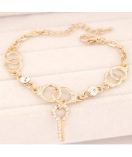 Korean Fashion Rhinestone Decorated Handcuffs with Key Pendant Bracelet - Golden