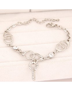 Korean Fashion Rhinestone Decorated Handcuffs with Key Pendant Bracelet - Silver