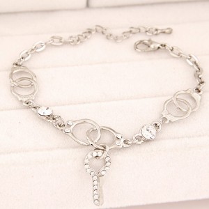 Korean Fashion Rhinestone Decorated Handcuffs with Key Pendant Bracelet - Silver