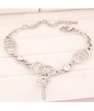 Korean Fashion Rhinestone Decorated Handcuffs with Key Pendant Bracelet - Silver