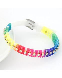 Rainbow Color Weaving Design Rhinestone Bracelet - White