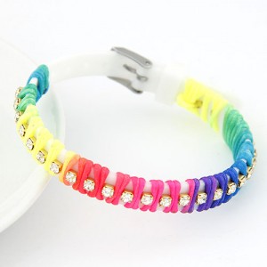 Rainbow Color Weaving Design Rhinestone Bracelet - White