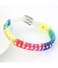 Rainbow Color Weaving Design Rhinestone Bracelet - White