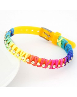 Rainbow Color Weaving Design Rhinestone Bracelet - Yellow