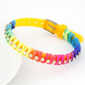 Rainbow Color Weaving Design Rhinestone Bracelet - Yellow