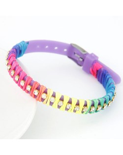 Rainbow Color Weaving Design Rhinestone Bracelet - Purple