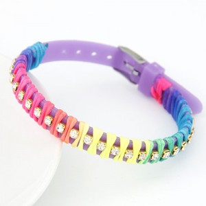 Rainbow Color Weaving Design Rhinestone Bracelet - Purple