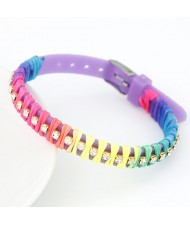 Rainbow Color Weaving Design Rhinestone Bracelet - Purple