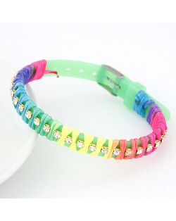 Rainbow Color Weaving Design Rhinestone Bracelet - Green