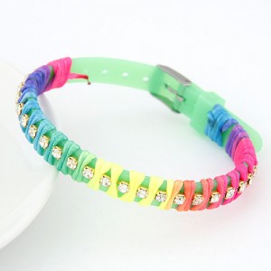 Rainbow Color Weaving Design Rhinestone Bracelet - Green