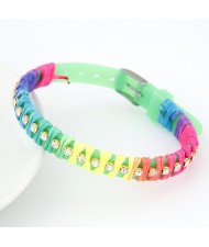 Rainbow Color Weaving Design Rhinestone Bracelet - Green