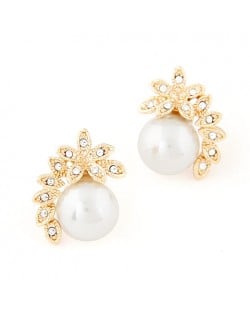 Korean Fashion Classic Czech Rhinestone Decorated Golden Floral Style Pearl Earrings