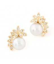 Korean Fashion Classic Czech Rhinestone Decorated Golden Floral Style Pearl Earrings