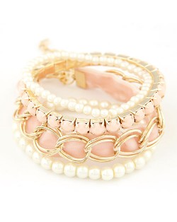 Artistic Fashion Multi-layer Beading with Cloth Element Bracelet - Pink