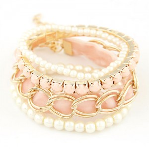 Artistic Fashion Multi-layer Beading with Cloth Element Bracelet - Pink