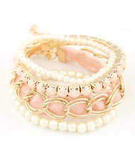 Artistic Fashion Multi-layer Beading with Cloth Element Bracelet - Pink