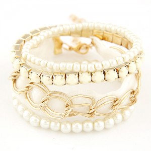 Artistic Fashion Multi-layer Beading with Cloth Element Bracelet - White