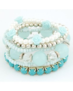 Six-layer Sweet Flowers and Candy Color Beading Combo Bracelet - Blue