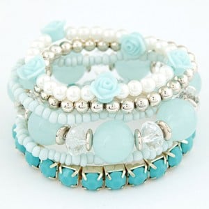 Six-layer Sweet Flowers and Candy Color Beading Combo Bracelet - Blue