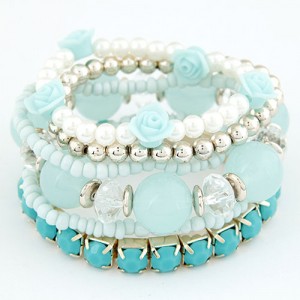 Six-layer Sweet Flowers and Candy Color Beading Combo Bracelet - Blue