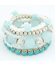 Six-layer Sweet Flowers and Candy Color Beading Combo Bracelet - Blue