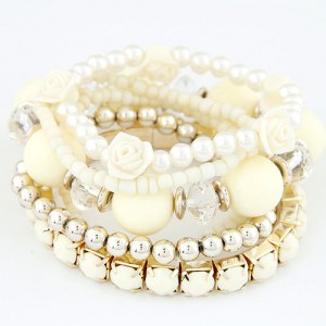 Six-layer Sweet Flowers and Candy Color Beading Combo Bracelet - White