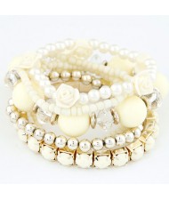 Six-layer Sweet Flowers and Candy Color Beading Combo Bracelet - White