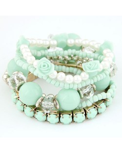 Six-layer Sweet Flowers and Candy Color Beading Combo Bracelet - Green