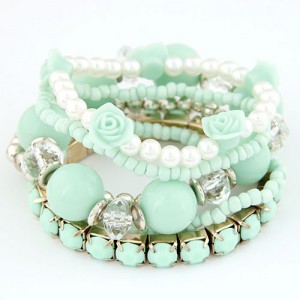 Six-layer Sweet Flowers and Candy Color Beading Combo Bracelet - Green