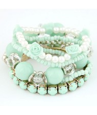 Six-layer Sweet Flowers and Candy Color Beading Combo Bracelet - Green