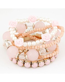 Six-layer Sweet Flowers and Candy Color Beading Combo Bracelet - Pink