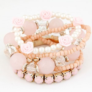 Six-layer Sweet Flowers and Candy Color Beading Combo Bracelet - Pink
