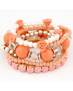 Six-layer Sweet Flowers and Candy Color Beading Combo Bracelet - Orange