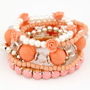 Six-layer Sweet Flowers and Candy Color Beading Combo Bracelet - Orange