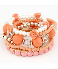 Six-layer Sweet Flowers and Candy Color Beading Combo Bracelet - Orange