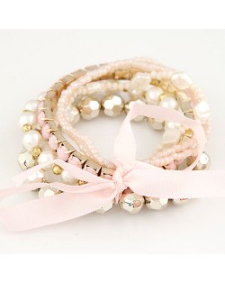 Four-layer Beading Floppy Ribbon Bow Bracelet - Pink