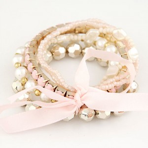 Four-layer Beading Floppy Ribbon Bow Bracelet - Pink