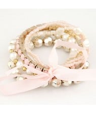 Four-layer Beading Floppy Ribbon Bow Bracelet - Pink