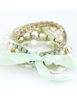 Four-layer Beading Floppy Ribbon Bow Bracelet - Green