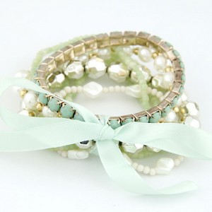 Four-layer Beading Floppy Ribbon Bow Bracelet - Green