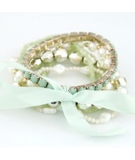 Four-layer Beading Floppy Ribbon Bow Bracelet - Green